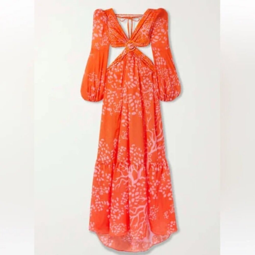 PatBo Cutout Printed Chiffon Maxi Dress in Coral Orange XS